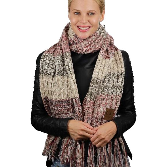 C.C Exclusives Multicolor Acrylic Cable Knit Scarf with Fringe Cozy Warm - Picture 1 of 8